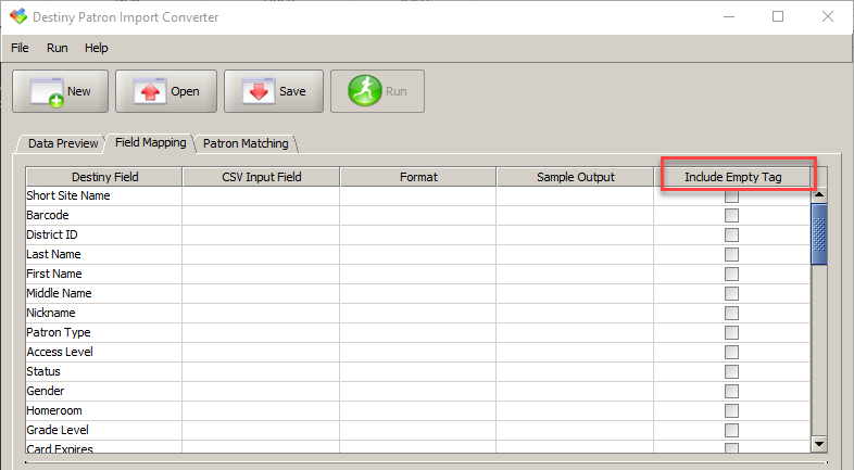 Patron Import Converter Field Mapping page with Include Empty Tag checkbox highlighted